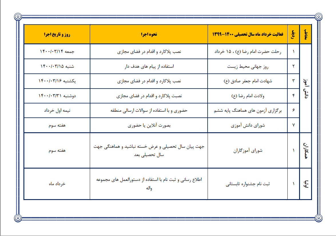 تقویم اجرایی خرداد ماه 1400 